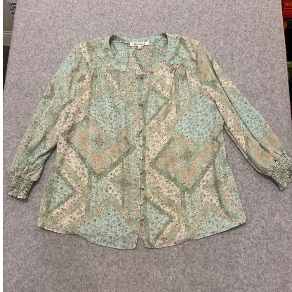 Rose + Olive Mint Green Paisley Smocked Button Front Blouse Womens Medium boho